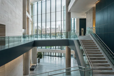 Connected walkways and staircases in a modern civic building